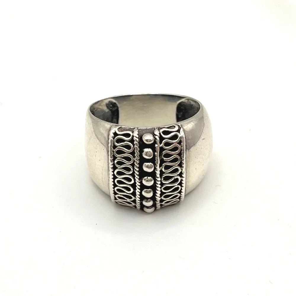 Sterling Silver 925 Balinese Scroll Beaded Wide Cigar Band Statement Ring Size 7